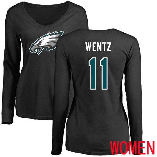 Women Philadelphia Eagles #11 Carson Wentz Black Name and Number Logo Slim Fit Long Sleeve NFL T Shirt.